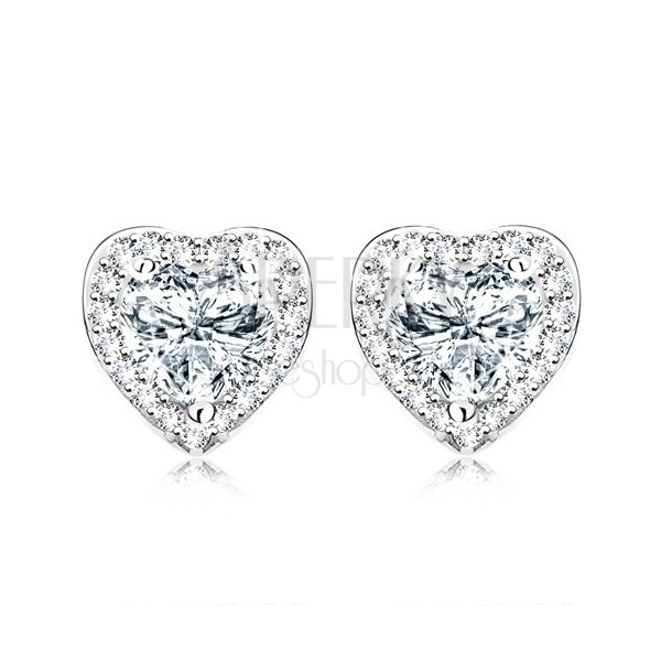 Rhodium plated earrings, 925 silver, clear zircon heart, glistening border