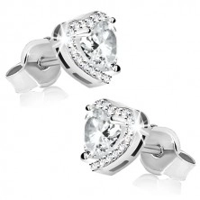 Rhodium plated earrings, 925 silver, clear zircon heart, glistening border