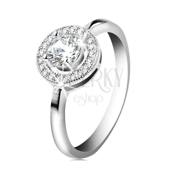 Engagement ring made of 925 silver, round clear zircon in glossy hoop