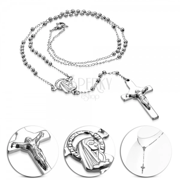 Necklace made of 316L steel in silver colour - rosary with Virgin Mary and cross