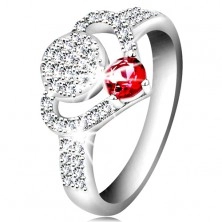 925 silver ring, clear zircon heart contour, circle and glistening pink zircon
