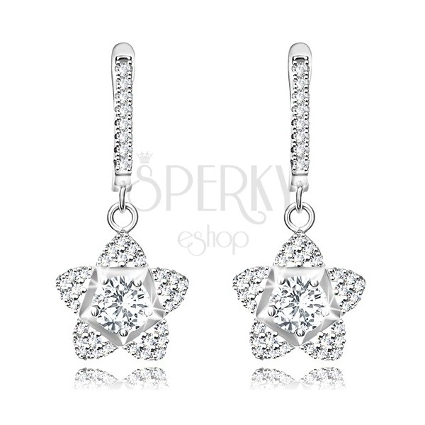 925 silver earrings, glossy flower composed of transparent round zircons