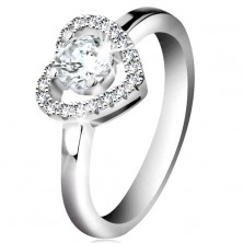 Rhodium plated ring, 925 silver, sparkly heart contour and round zircon in clear colour