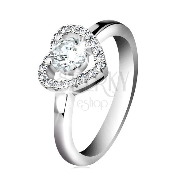 Rhodium plated ring, 925 silver, sparkly heart contour and round zircon in clear colour