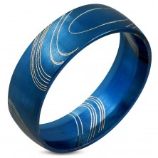 Blue ring made of surgical steel, matt surface with thin lines, 8 mm
