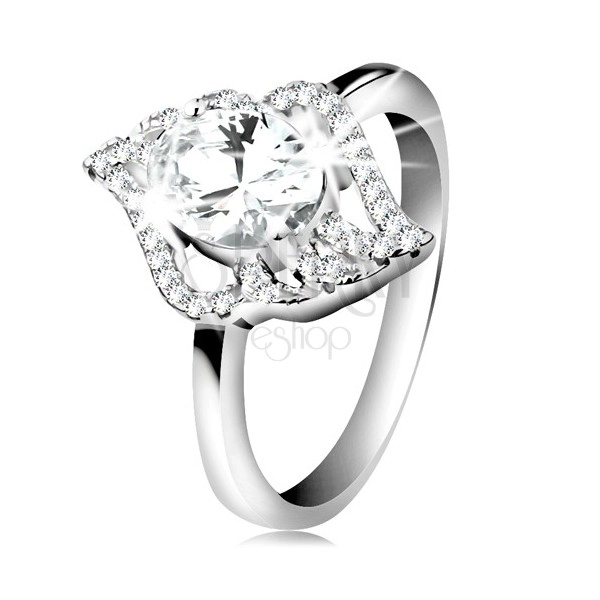 925 silver ring, contour of clear leaf with big oval zircon