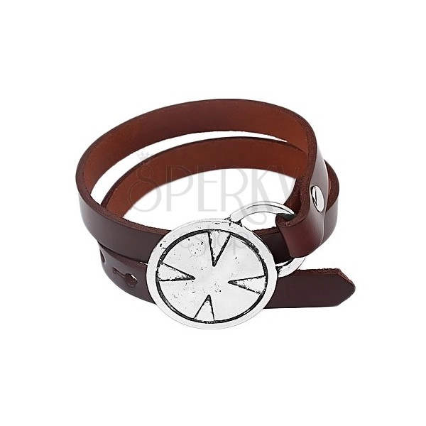 Brown leatherette bracelet for wrapping around wrist, Maltese cross in circle