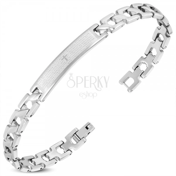 Steel bracelet in silver hue, tag with cross and prayer