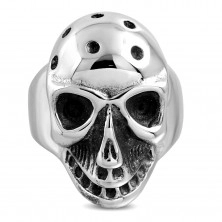 Massive ring made of 316L steel, patinated skull with holes on the skullcap