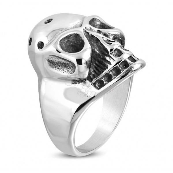 Massive ring made of 316L steel, patinated skull with holes on the skullcap
