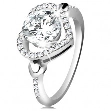 925 silver ring, big clear zircon in glossy heart contour