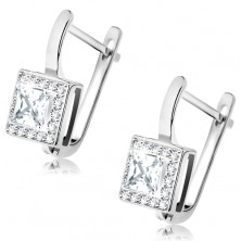 Rhodium plated earrings, 925 silver, clear square zircon with glossy border