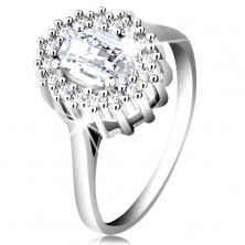 Engagement ring made of 925 silver, oval cut zircon, border composed of tiny zircons