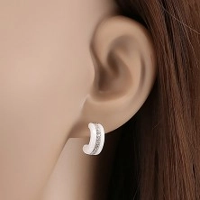 Earrings made of white 375 gold - white ceramic semicircles, clear zircon line