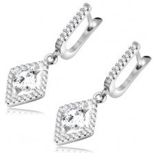 925 silver earrings, round clear zircon in rhombus contour