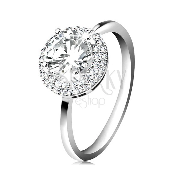 Rhodium plated ring, 925 silver, round clear zircon, glossy border