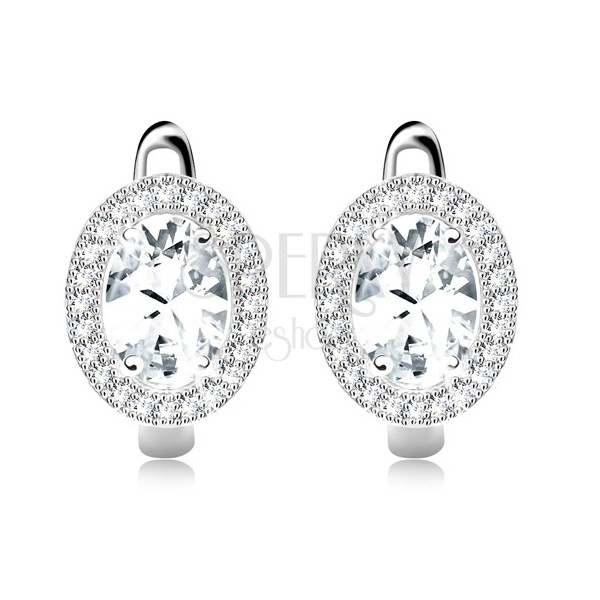 Silver 925 earrings, oval zircon in clear colour, rim made of small zircons