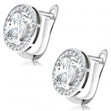 Silver 925 earrings, oval zircon in clear colour, rim made of small zircons