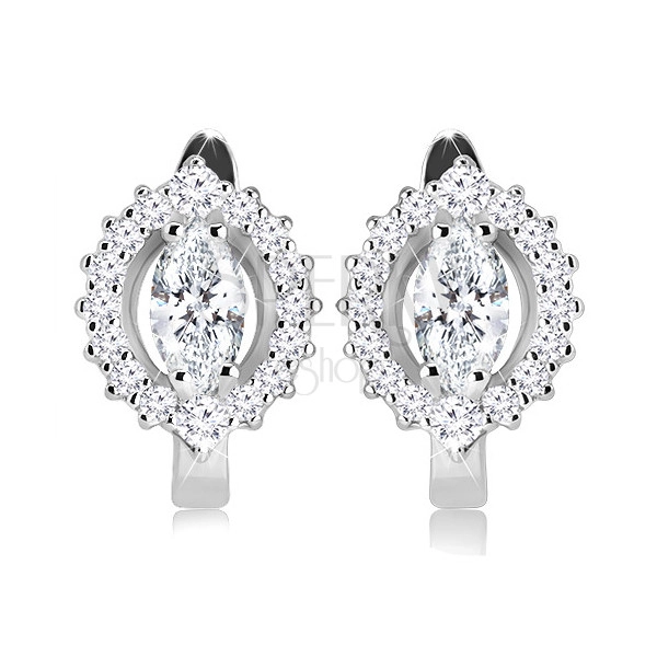 Rhodium plated earrings made of 925 silver, narrow, polished grain with clear contour