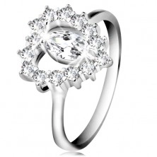925 silver ring, cut zircon grain, heart contour, clear zircons