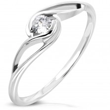 Ring made of surgical steel in silver colour, round clear zircon, wavy shoulders