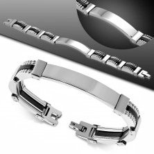 Steel-rubber bracelet, narrow links in silver colour, black joints, plate