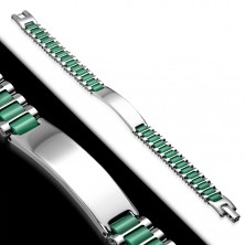 Bracelet made of surgical steel and green rubber oblongs, shiny plate