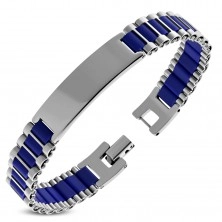 Bracelet made of 316L steel with plate, dark blue rubber oblongs