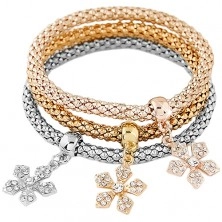 Elastic bracelets in three hues, pendants - flowers with clear zircons