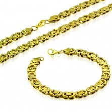 Set of necklace and bracelet, 316L steel in gold colour, Byzantine pattern