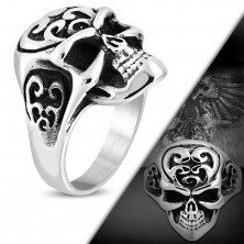Massive ring made of 316L steel, skull with ornaments on forehead, black patina