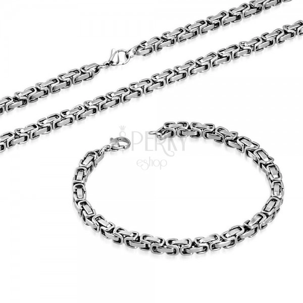 Necklace and bracelet made of surgical steel, Byzantine pattern, silver colour