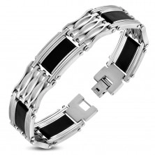 Bracelet made of surgical steel and black rubber, wide elements with decorative cutouts