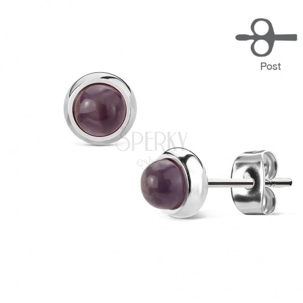 Earrings made of surgical steel in silver colour with violet amethyst
