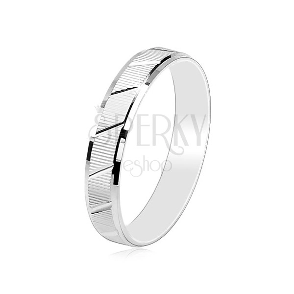 Ring made of 925 silver, notched surface, shiny diagonal notches, 4 mm