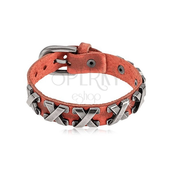 Cinnamon brown bracelet made of synthetic leather and steel, crosses in silver colour