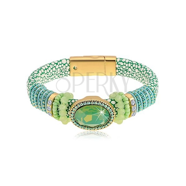 Bracelet in green colour with snake pattern, big cut oval, beads and strings