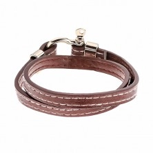 Brown leatherette bracelet for wrapping around the wrist, white stitches