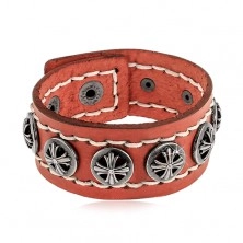 Bracelet made of synthetic leather strip in cinnamon colour, round studded rivets with crosses