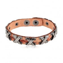 Bracelet made of synthetic leather in cinnamon colour, steel crosses in silver colour