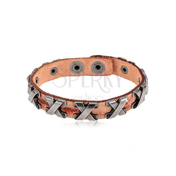 Bracelet made of synthetic leather in cinnamon colour, steel crosses in silver colour