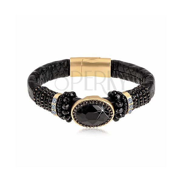Black bracelet with floral pattern, big black cut oval, beads and strings
