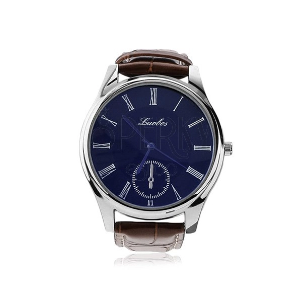 Men's wristwatch, round blue dial, brown strap