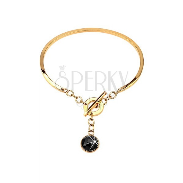 Bracelet made of 316L steel in gold colour, incomplete oval with dangling black zircon