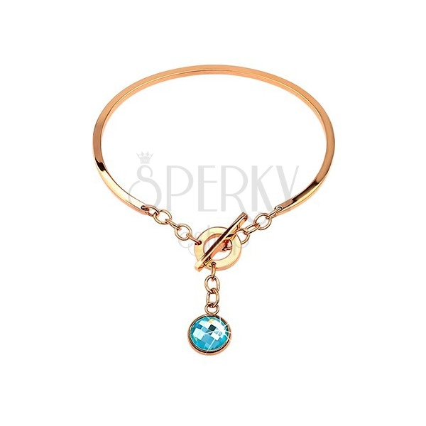 Steel bracelet in copper colour, incomplete oval with dangling blue zircon