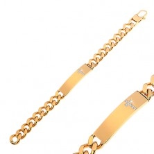 Steel bracelet in gold colour with clear zircon cross on plate