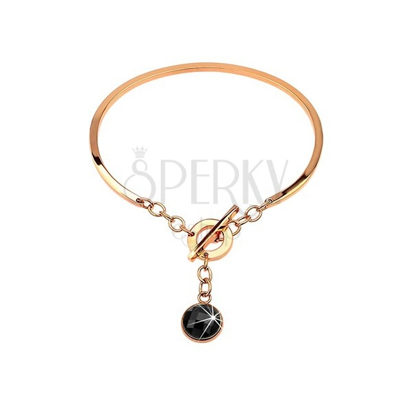 Steel bracelet in copper colour, incomplete oval with dangling black zircon