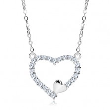 925 silver necklace, zircon heart contour and small heart
