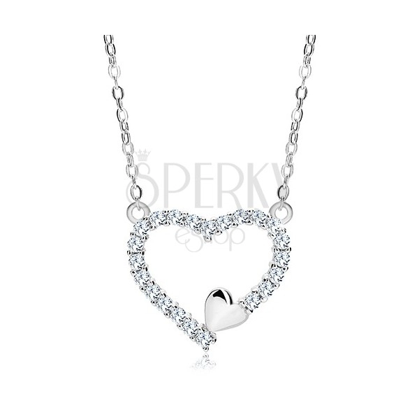925 silver necklace, zircon heart contour and small heart