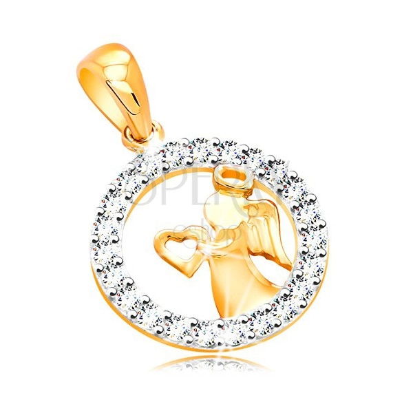 585 gold pendant - shiny angel with heart, circle contour with zircons
